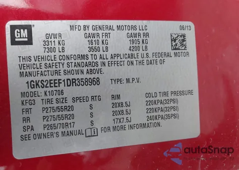 2013 GMC Yukon Denali из США, поврежденный, VIN 1GKS2EEF1DR358968